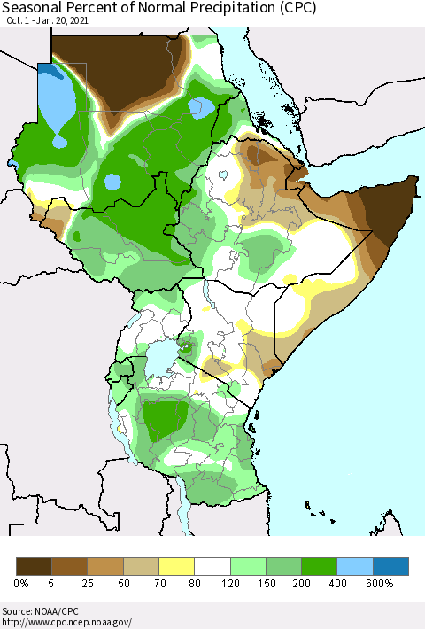 Eastern Africa Seasonal Percent of Normal Precipitation (CPC) Thematic Map For 10/1/2020 - 1/20/2021