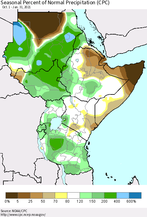 Eastern Africa Seasonal Percent of Normal Precipitation (CPC) Thematic Map For 10/1/2020 - 1/31/2021