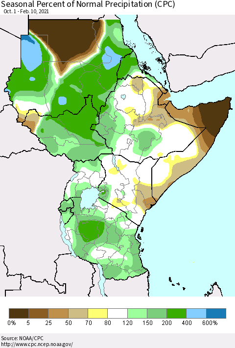 Eastern Africa Seasonal Percent of Normal Precipitation (CPC) Thematic Map For 10/1/2020 - 2/10/2021