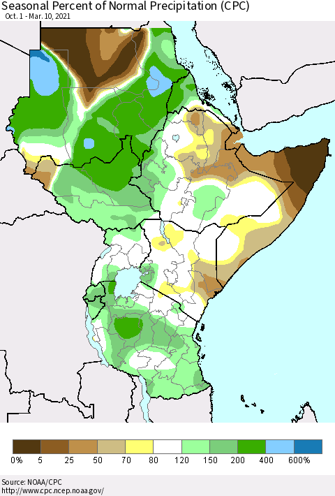 Eastern Africa Seasonal Percent of Normal Precipitation (CPC) Thematic Map For 10/1/2020 - 3/10/2021