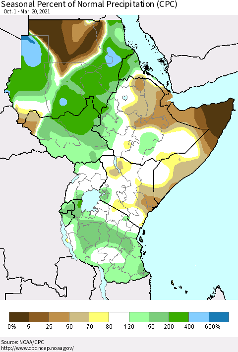 Eastern Africa Seasonal Percent of Normal Precipitation (CPC) Thematic Map For 10/1/2020 - 3/20/2021