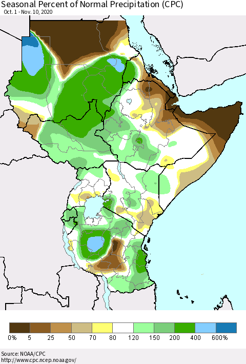 Eastern Africa Seasonal Percent of Normal Precipitation (CPC) Thematic Map For 10/1/2020 - 11/10/2020