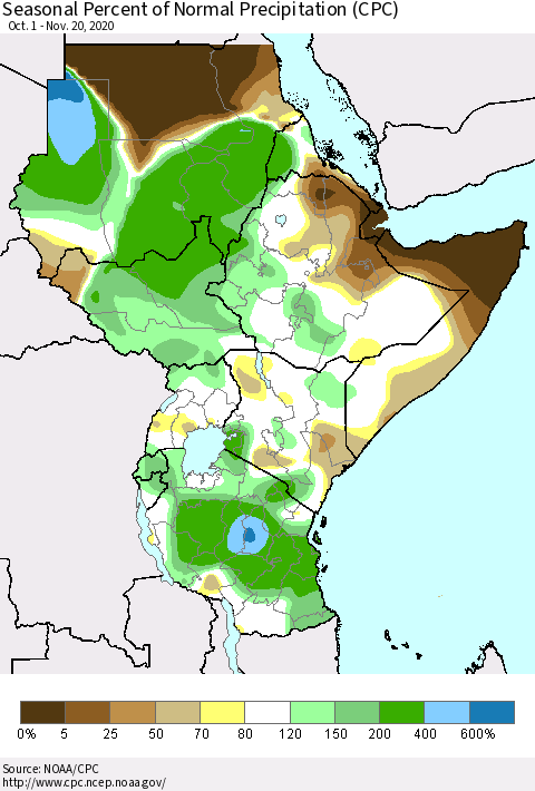 Eastern Africa Seasonal Percent of Normal Precipitation (CPC) Thematic Map For 10/1/2020 - 11/20/2020