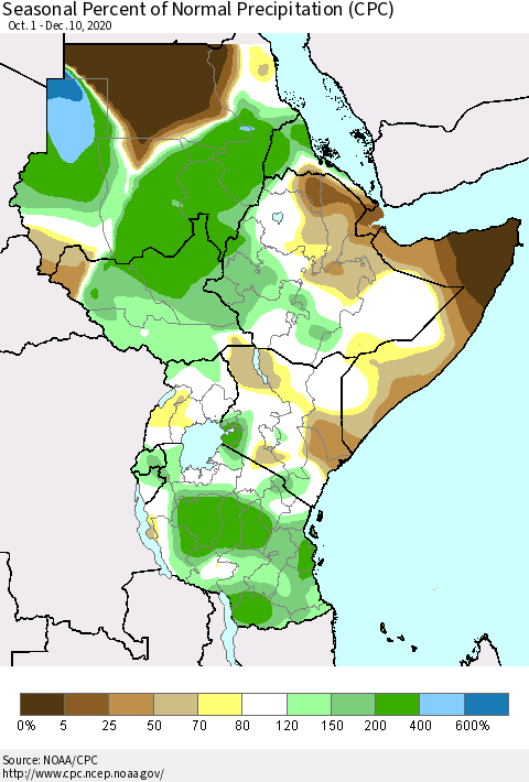 Eastern Africa Seasonal Percent of Normal Precipitation (CPC) Thematic Map For 10/1/2020 - 12/10/2020
