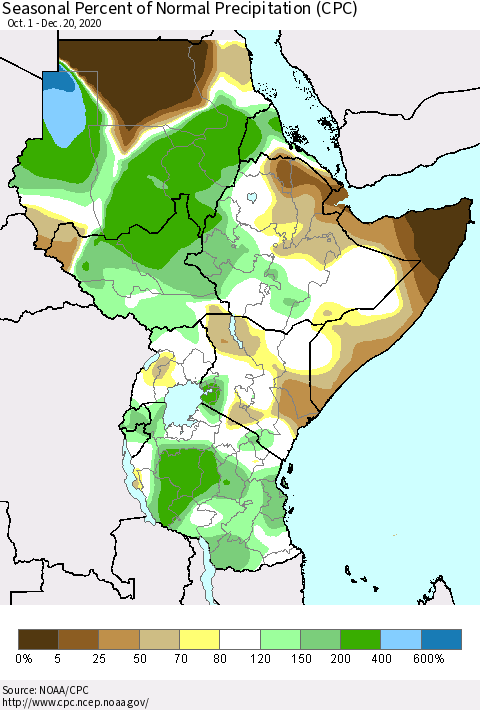 Eastern Africa Seasonal Percent of Normal Precipitation (CPC) Thematic Map For 10/1/2020 - 12/20/2020