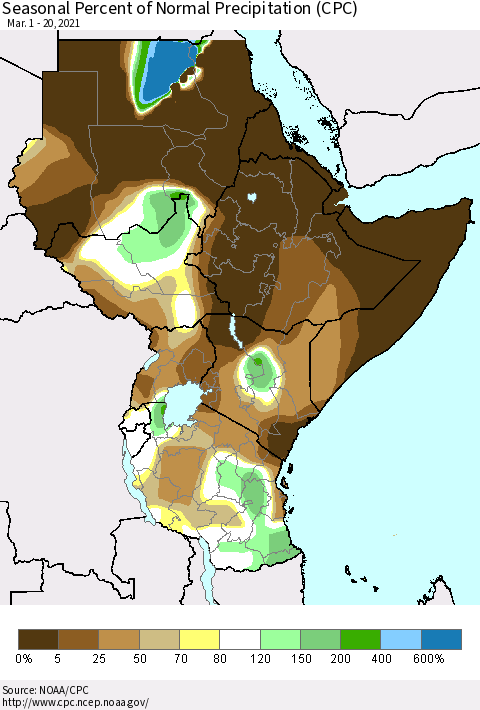 Eastern Africa Seasonal Percent of Normal Precipitation (CPC) Thematic Map For 3/1/2021 - 3/20/2021