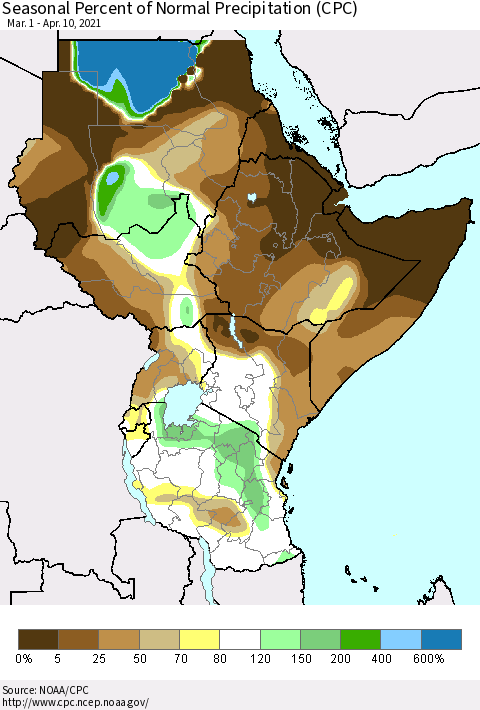 Eastern Africa Seasonal Percent of Normal Precipitation (CPC) Thematic Map For 3/1/2021 - 4/10/2021