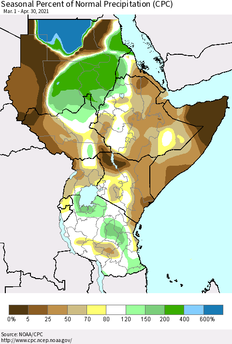 Eastern Africa Seasonal Percent of Normal Precipitation (CPC) Thematic Map For 3/1/2021 - 4/30/2021