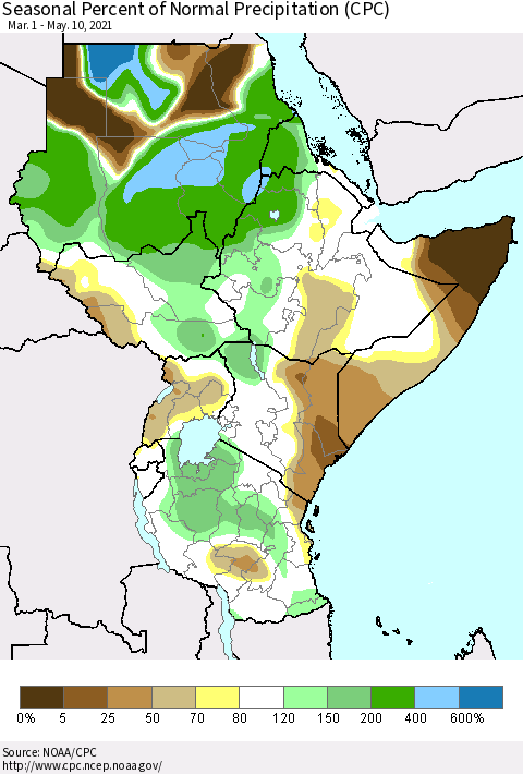Eastern Africa Seasonal Percent of Normal Precipitation (CPC) Thematic Map For 3/1/2021 - 5/10/2021