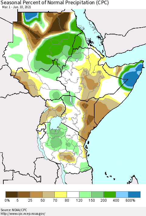 Eastern Africa Seasonal Percent of Normal Precipitation (CPC) Thematic Map For 3/1/2021 - 6/10/2021
