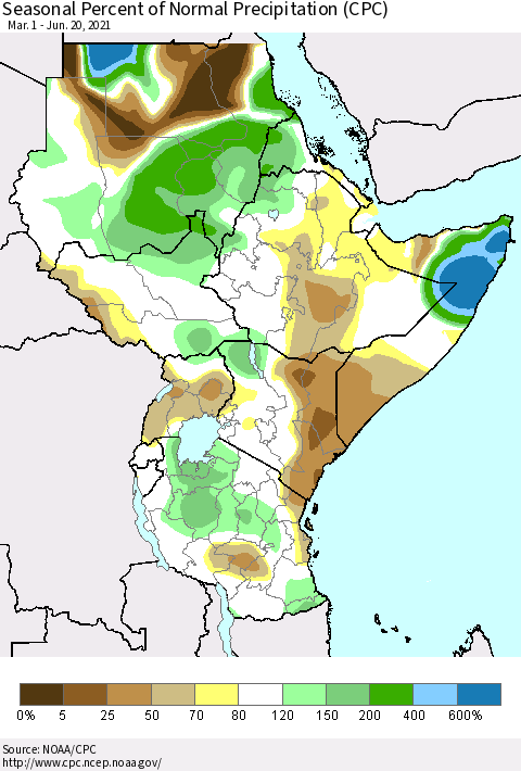 Eastern Africa Seasonal Percent of Normal Precipitation (CPC) Thematic Map For 3/1/2021 - 6/20/2021