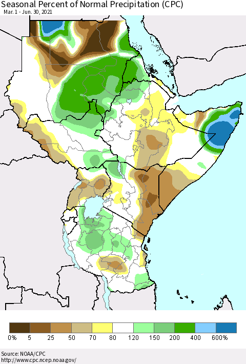 Eastern Africa Seasonal Percent of Normal Precipitation (CPC) Thematic Map For 3/1/2021 - 6/30/2021