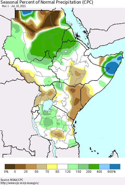 Eastern Africa Seasonal Percent of Normal Precipitation (CPC) Thematic Map For 3/1/2021 - 7/10/2021