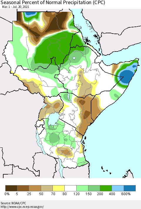 Eastern Africa Seasonal Percent of Normal Precipitation (CPC) Thematic Map For 3/1/2021 - 7/20/2021