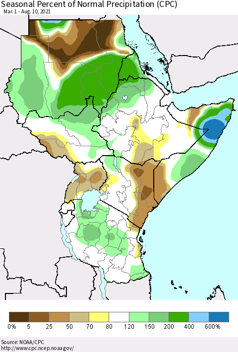 Eastern Africa Seasonal Percent of Normal Precipitation (CPC) Thematic Map For 3/1/2021 - 8/10/2021