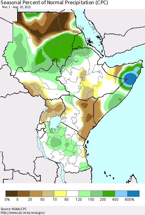 Eastern Africa Seasonal Percent of Normal Precipitation (CPC) Thematic Map For 3/1/2021 - 8/20/2021
