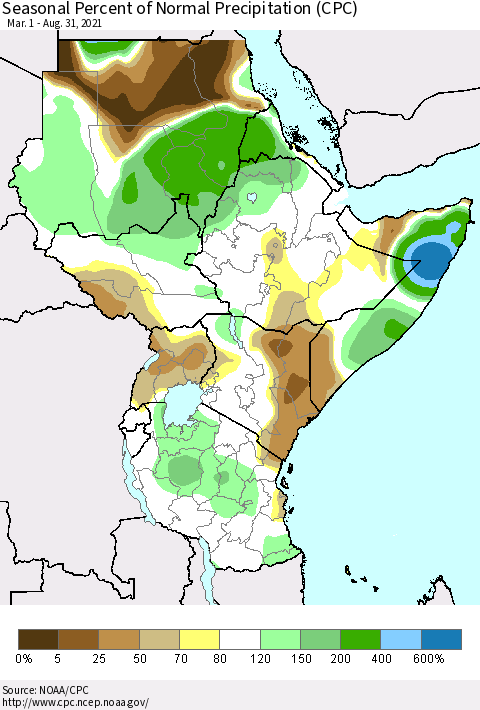 Eastern Africa Seasonal Percent of Normal Precipitation (CPC) Thematic Map For 3/1/2021 - 8/31/2021