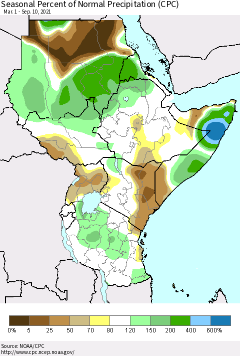 Eastern Africa Seasonal Percent of Normal Precipitation (CPC) Thematic Map For 3/1/2021 - 9/10/2021