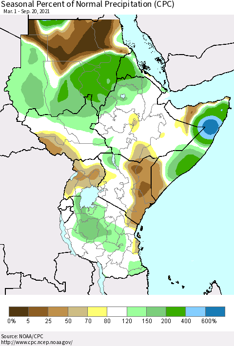 Eastern Africa Seasonal Percent of Normal Precipitation (CPC) Thematic Map For 3/1/2021 - 9/20/2021