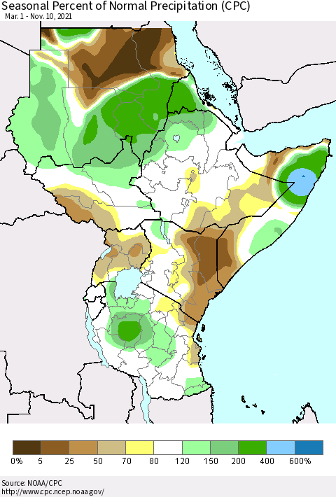Eastern Africa Seasonal Percent of Normal Precipitation (CPC) Thematic Map For 3/1/2021 - 11/10/2021