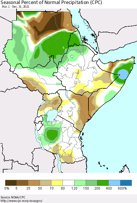 Eastern Africa Seasonal Percent of Normal Precipitation (CPC) Thematic Map For 3/1/2021 - 12/31/2021