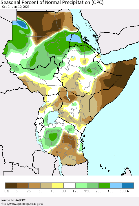 Eastern Africa Seasonal Percent of Normal Precipitation (CPC) Thematic Map For 10/1/2021 - 1/10/2022