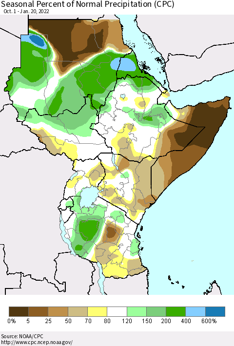 Eastern Africa Seasonal Percent of Normal Precipitation (CPC) Thematic Map For 10/1/2021 - 1/20/2022