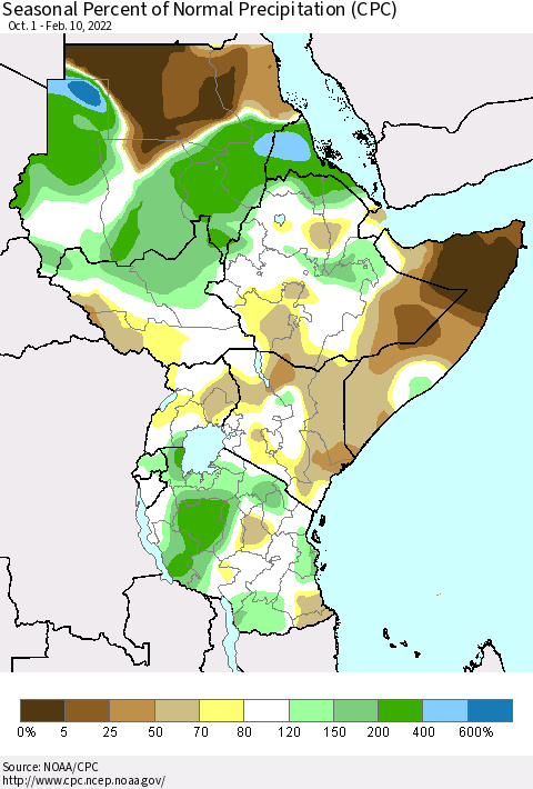 Eastern Africa Seasonal Percent of Normal Precipitation (CPC) Thematic Map For 10/1/2021 - 2/10/2022