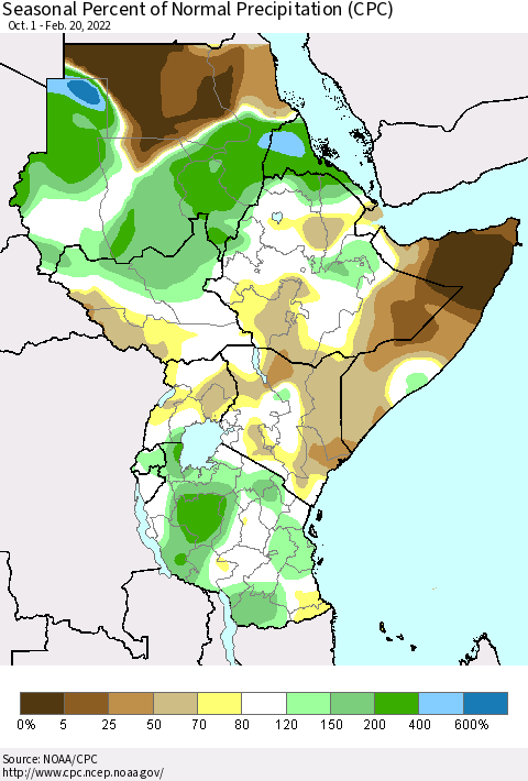 Eastern Africa Seasonal Percent of Normal Precipitation (CPC) Thematic Map For 10/1/2021 - 2/20/2022