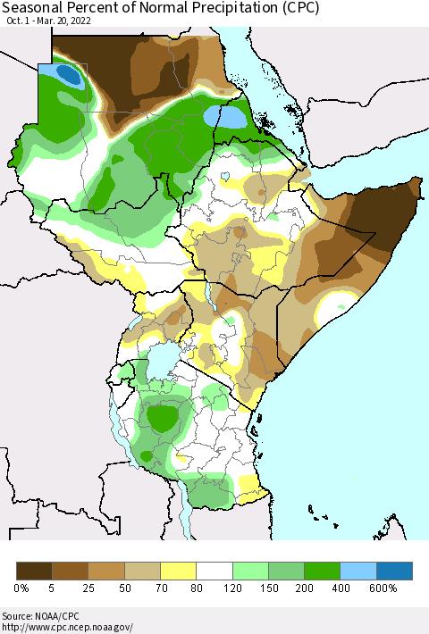 Eastern Africa Seasonal Percent of Normal Precipitation (CPC) Thematic Map For 10/1/2021 - 3/20/2022