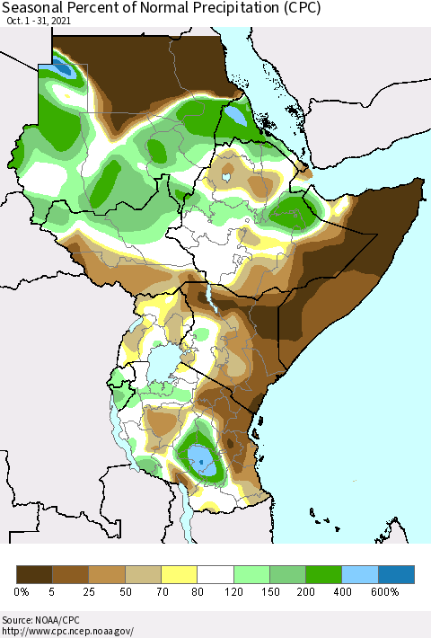 Eastern Africa Seasonal Percent of Normal Precipitation (CPC) Thematic Map For 10/1/2021 - 10/31/2021
