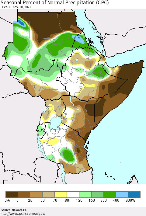 Eastern Africa Seasonal Percent of Normal Precipitation (CPC) Thematic Map For 10/1/2021 - 11/10/2021