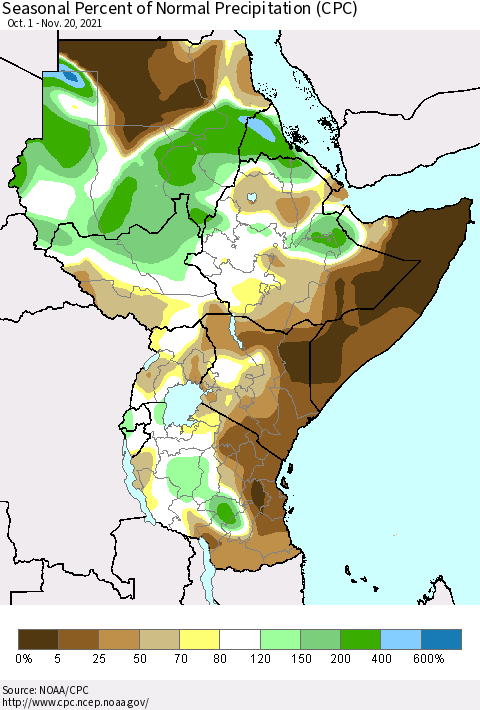 Eastern Africa Seasonal Percent of Normal Precipitation (CPC) Thematic Map For 10/1/2021 - 11/20/2021