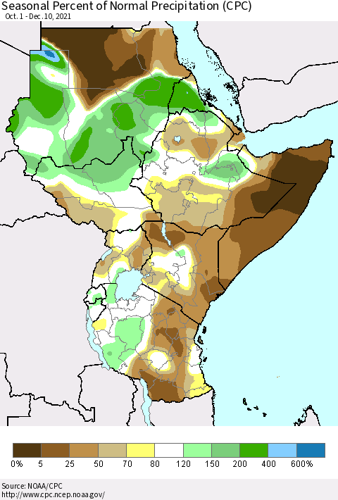 Eastern Africa Seasonal Percent of Normal Precipitation (CPC) Thematic Map For 10/1/2021 - 12/10/2021