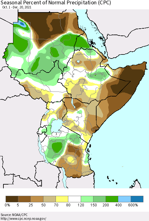Eastern Africa Seasonal Percent of Normal Precipitation (CPC) Thematic Map For 10/1/2021 - 12/20/2021