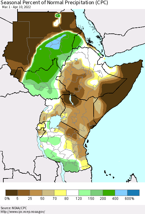 Eastern Africa Seasonal Percent of Normal Precipitation (CPC) Thematic Map For 3/1/2022 - 4/10/2022