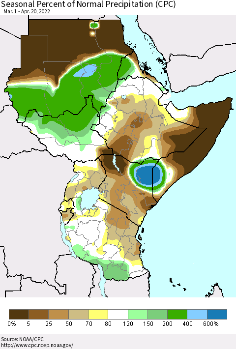 Eastern Africa Seasonal Percent of Normal Precipitation (CPC) Thematic Map For 3/1/2022 - 4/20/2022