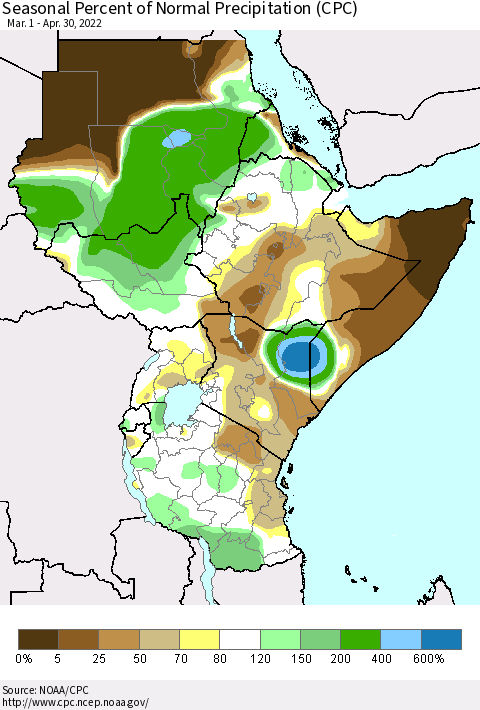 Eastern Africa Seasonal Percent of Normal Precipitation (CPC) Thematic Map For 3/1/2022 - 4/30/2022