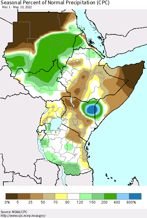Eastern Africa Seasonal Percent of Normal Precipitation (CPC) Thematic Map For 3/1/2022 - 5/10/2022