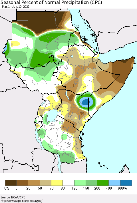Eastern Africa Seasonal Percent of Normal Precipitation (CPC) Thematic Map For 3/1/2022 - 6/10/2022