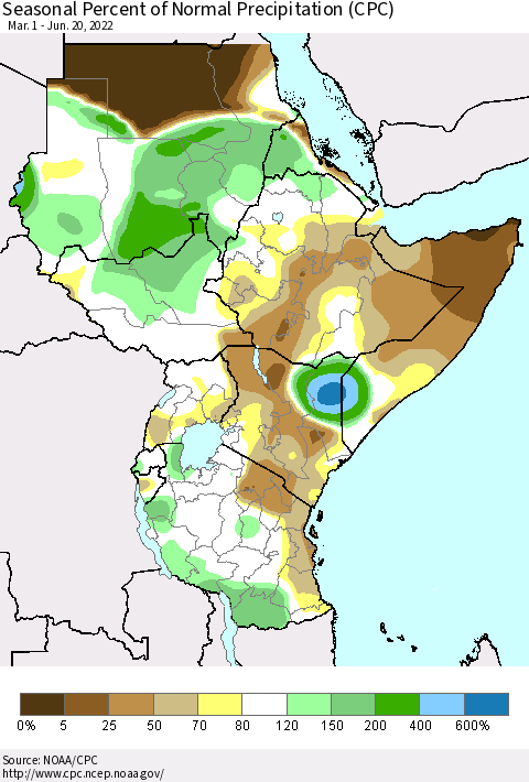 Eastern Africa Seasonal Percent of Normal Precipitation (CPC) Thematic Map For 3/1/2022 - 6/20/2022