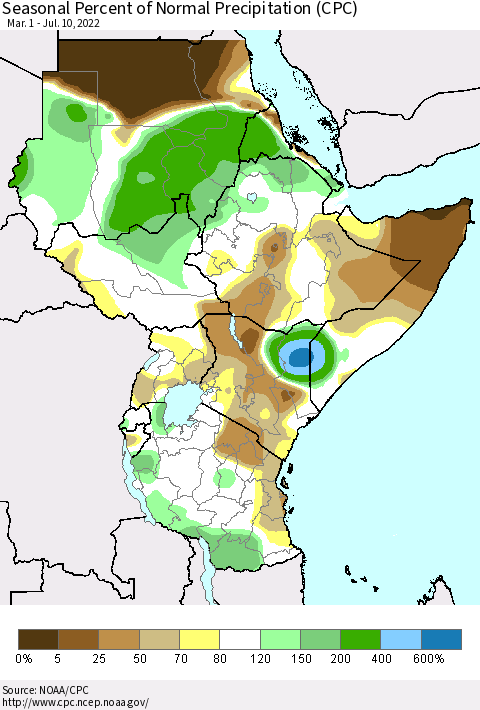 Eastern Africa Seasonal Percent of Normal Precipitation (CPC) Thematic Map For 3/1/2022 - 7/10/2022