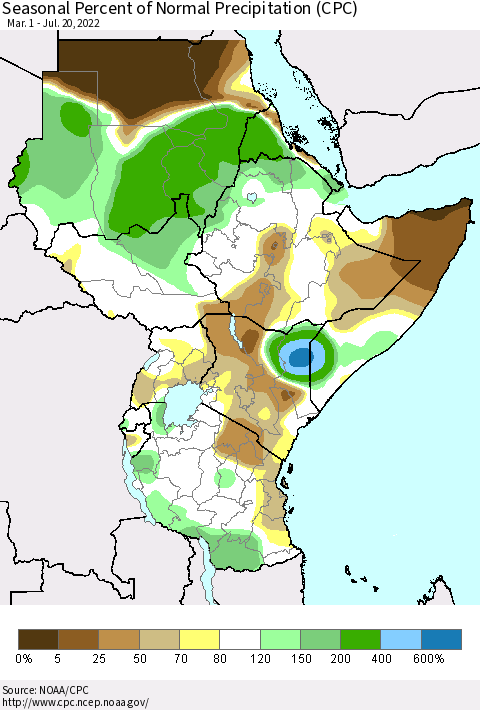 Eastern Africa Seasonal Percent of Normal Precipitation (CPC) Thematic Map For 3/1/2022 - 7/20/2022