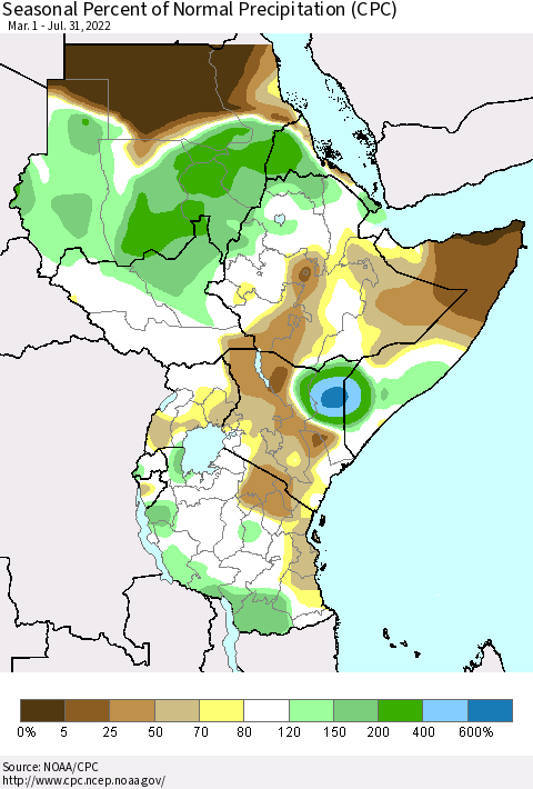 Eastern Africa Seasonal Percent of Normal Precipitation (CPC) Thematic Map For 3/1/2022 - 7/31/2022