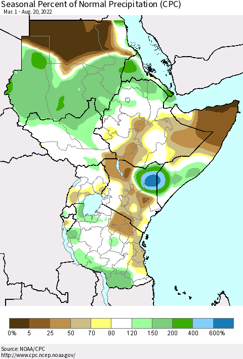 Eastern Africa Seasonal Percent of Normal Precipitation (CPC) Thematic Map For 3/1/2022 - 8/20/2022