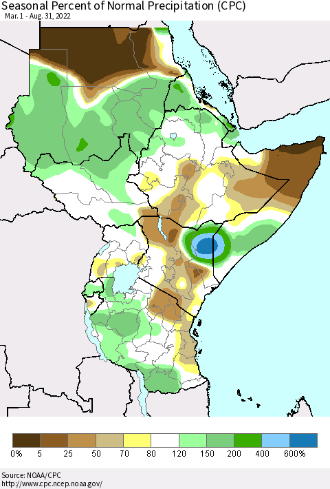 Eastern Africa Seasonal Percent of Normal Precipitation (CPC) Thematic Map For 3/1/2022 - 8/31/2022