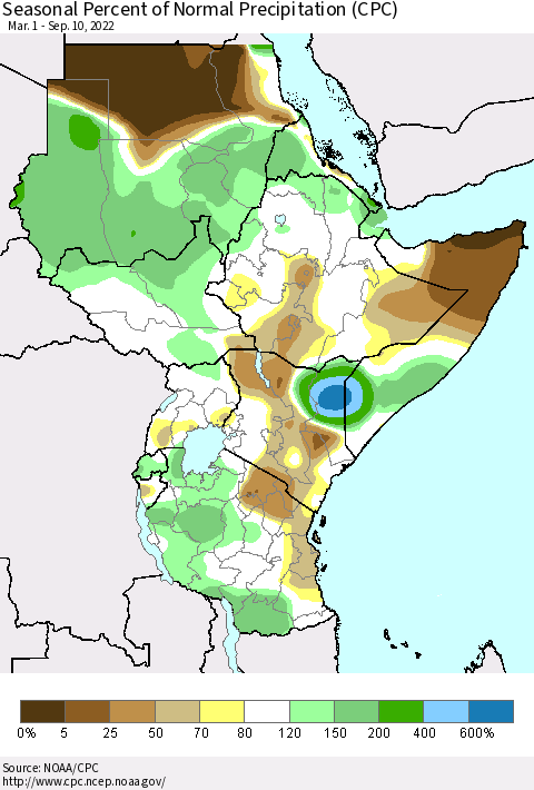 Eastern Africa Seasonal Percent of Normal Precipitation (CPC) Thematic Map For 3/1/2022 - 9/10/2022