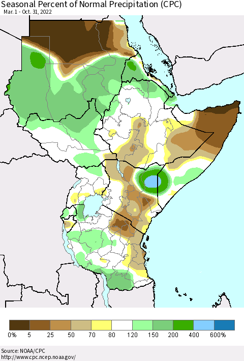Eastern Africa Seasonal Percent of Normal Precipitation (CPC) Thematic Map For 3/1/2022 - 10/31/2022