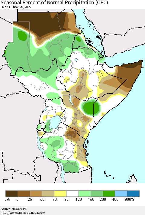 Eastern Africa Seasonal Percent of Normal Precipitation (CPC) Thematic Map For 3/1/2022 - 11/20/2022