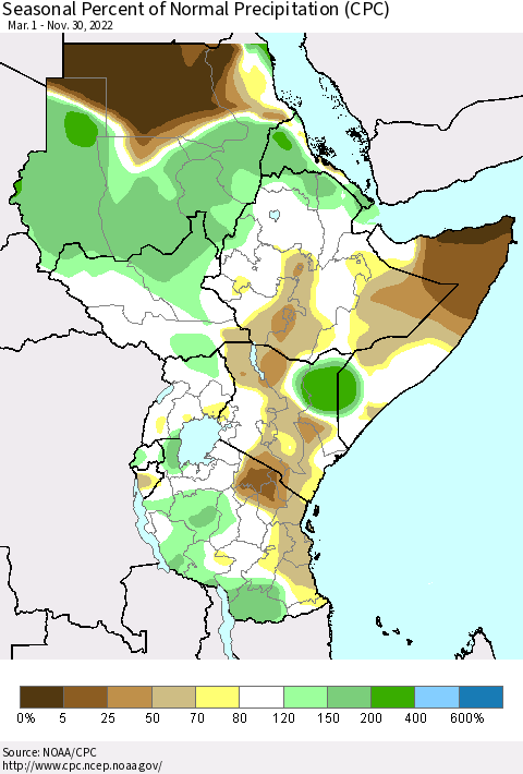 Eastern Africa Seasonal Percent of Normal Precipitation (CPC) Thematic Map For 3/1/2022 - 11/30/2022